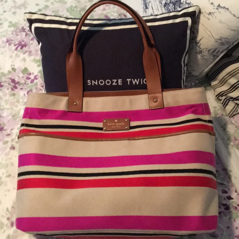 kate spade Beige Canvas Tote with Pink and Red Stripes and Brown Leather Handles